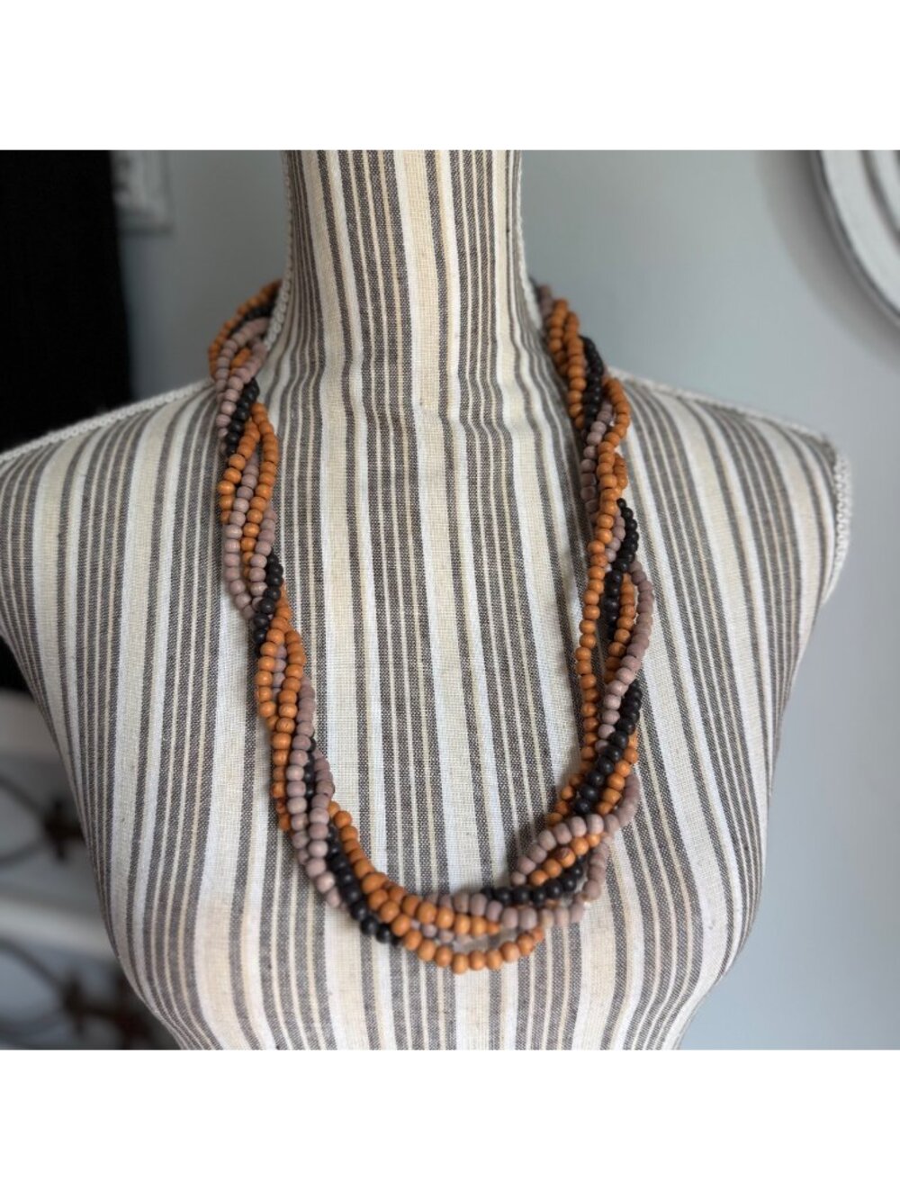 Vintage Multi-Strand Twisted Wood Bead Necklace with Tan Black & Taupe Beads